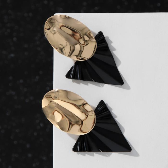 Серьги металл "Тренд" овал и треугольник, цвет чёрный в глянцевом золоте