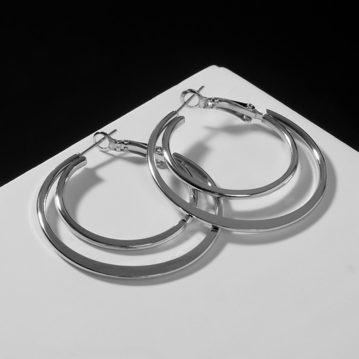 Серьги-кольца «Карма» двойной круг, цвет серебро, d=4 - Фото 1
