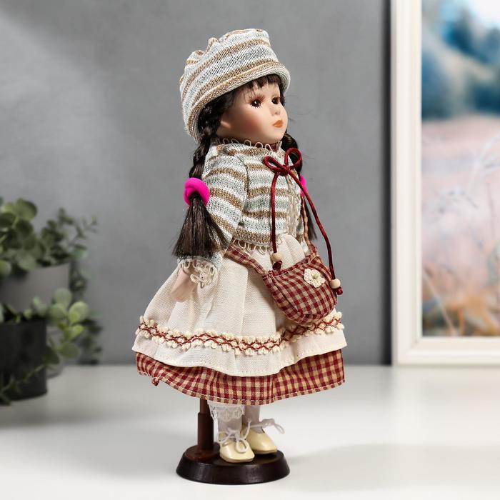 Кукла коллекционная керамика "Василиса в белом платье с деталями в клетку" 30 см 49036