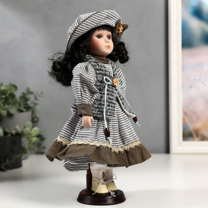Кукла коллекционная керамика "Валя в платье в полоску и вязаном жилете" 30 см - фото 1901345684