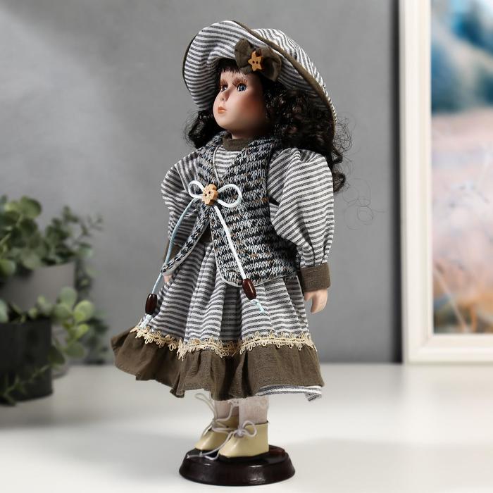 Кукла коллекционная керамика "Валя в платье в полоску и вязаном жилете" 30 см - фото 1901345685