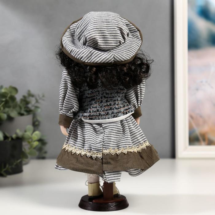 Кукла коллекционная керамика "Валя в платье в полоску и вязаном жилете" 30 см - фото 1901345686