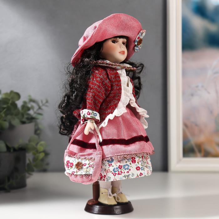 Кукла коллекционная керамика "Даша в коралловом платье и бордовом джемпере" 30 см - фото 1899873011