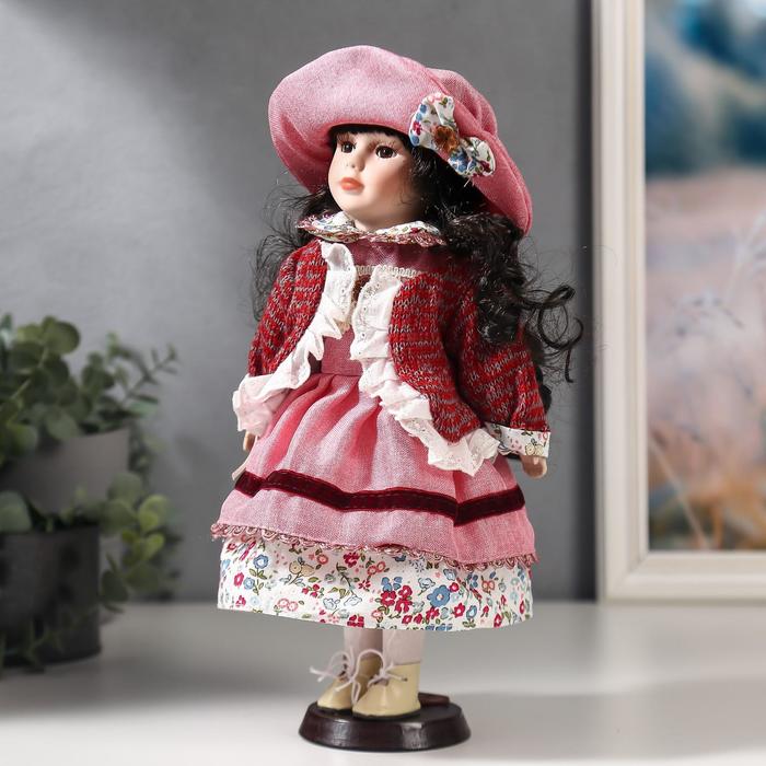 Кукла коллекционная керамика "Даша в коралловом платье и бордовом джемпере" 30 см - фото 1899873012
