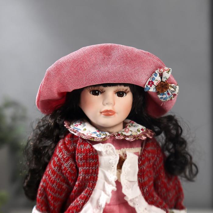 Кукла коллекционная керамика "Даша в коралловом платье и бордовом джемпере" 30 см - фото 1899873014