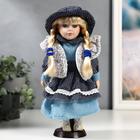 Кукла коллекционная керамика "Есения в синем платье и сером кардигане" 30 см - фото 9177495