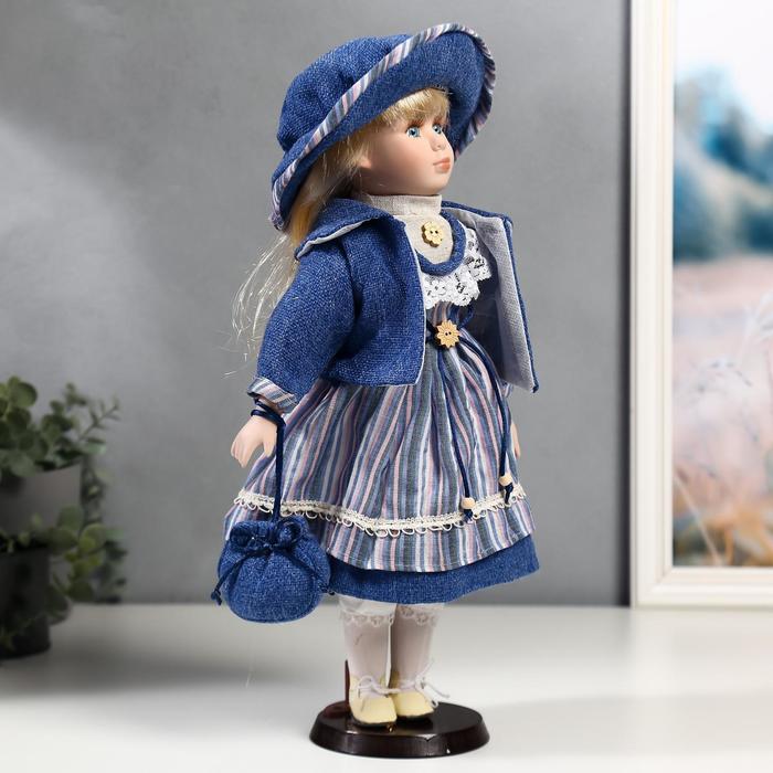 Кукла коллекционная керамика "Стася в синем полосатом платье и синей куртке" 40 см - фото 1877697115