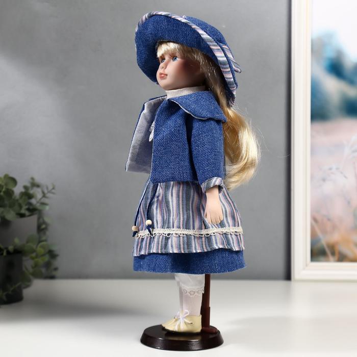 Кукла коллекционная керамика "Стася в синем полосатом платье и синей куртке" 40 см - фото 1898398078
