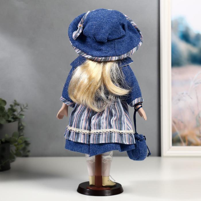 Кукла коллекционная керамика "Стася в синем полосатом платье и синей куртке" 40 см - фото 1877697117