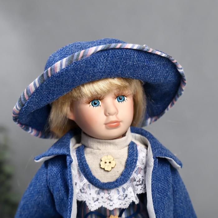 Кукла коллекционная керамика "Стася в синем полосатом платье и синей куртке" 40 см - фото 1877697118