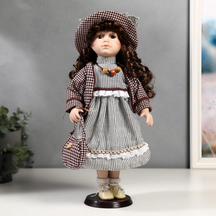 Кукла коллекционная керамика "Тая в полосатом платье и пиджаке в клетку" 40 см - фото 1898398081