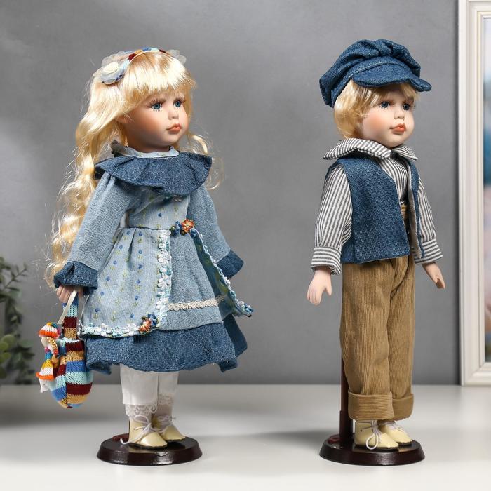 Кукла коллекционная парочка набор 2 шт "Вера и Сережа в голубых нарядах" 40 см - фото 1911528154