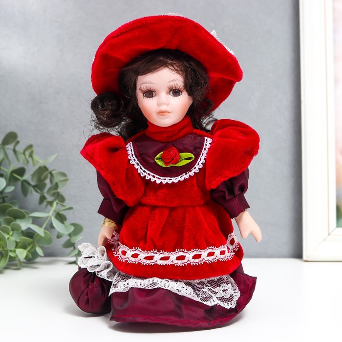 Кукла коллекционная керамика &quot;Малышка Ксюша в платье цвета вина&quot; 20 см