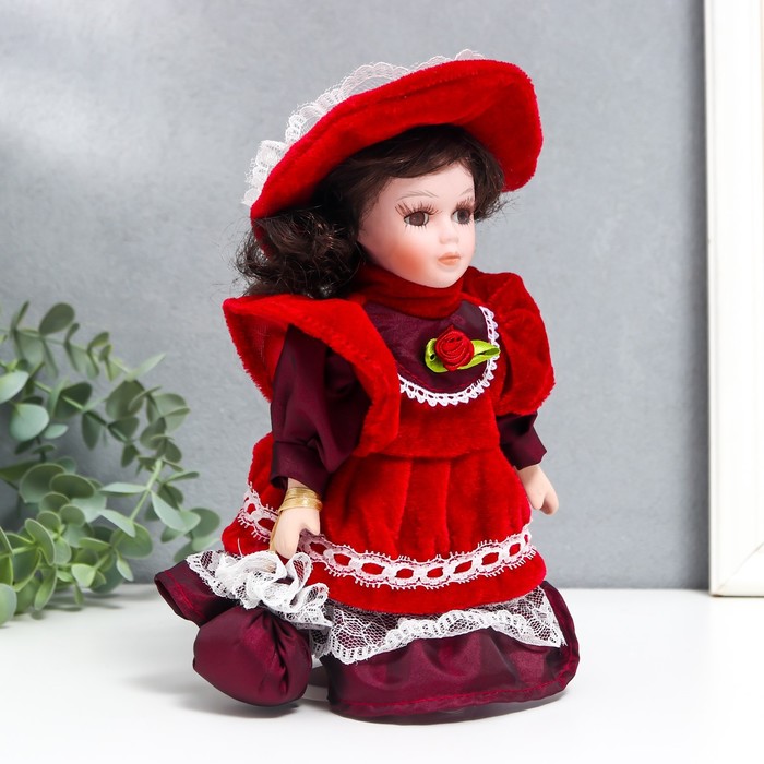 Кукла коллекционная керамика "Малышка Ксюша в платье цвета вина" 20 см - фото 1896922855