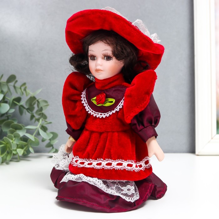 Кукла коллекционная керамика "Малышка Ксюша в платье цвета вина" 20 см - фото 1896922856