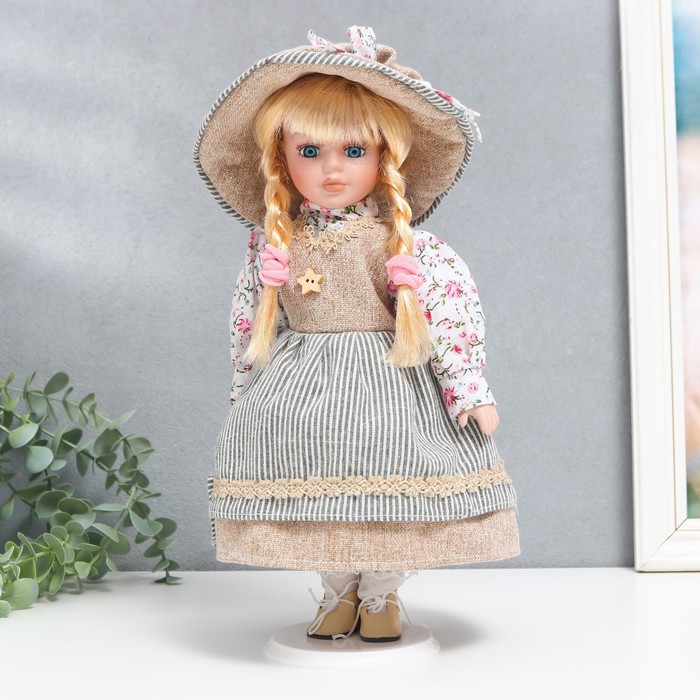 Кукла коллекционная керамика &quot;Ирина в платье в полоску&quot; 30 см