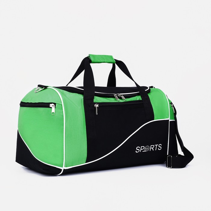 Сумка спортивная на молнии, 3 наружных кармана, длинный ремень, цвет чёрный/зелёный - Фото 1