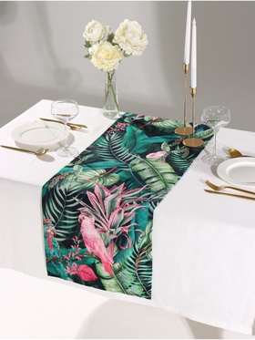 Дорожка на стол Этель Tropical parrots 40×146 см, 100% хлопок, саржа 190 г/м², зелёная/чёрная