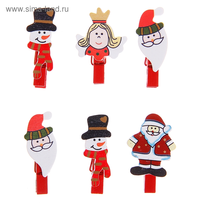 Прищепки декор новогодние "Торжество", набор 6 штук, МИКС - Фото 1