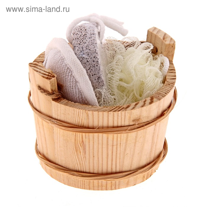 Набор банный в деревянном ушате 4 предмета: массажная мочалка, мочалка-бант, пемза, расческа - Фото 1