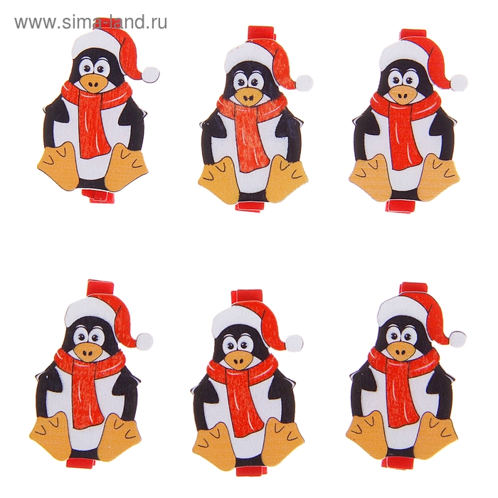 Прищепки декор новогодние "Забавный пингвин", набор 6 штук - Фото 1
