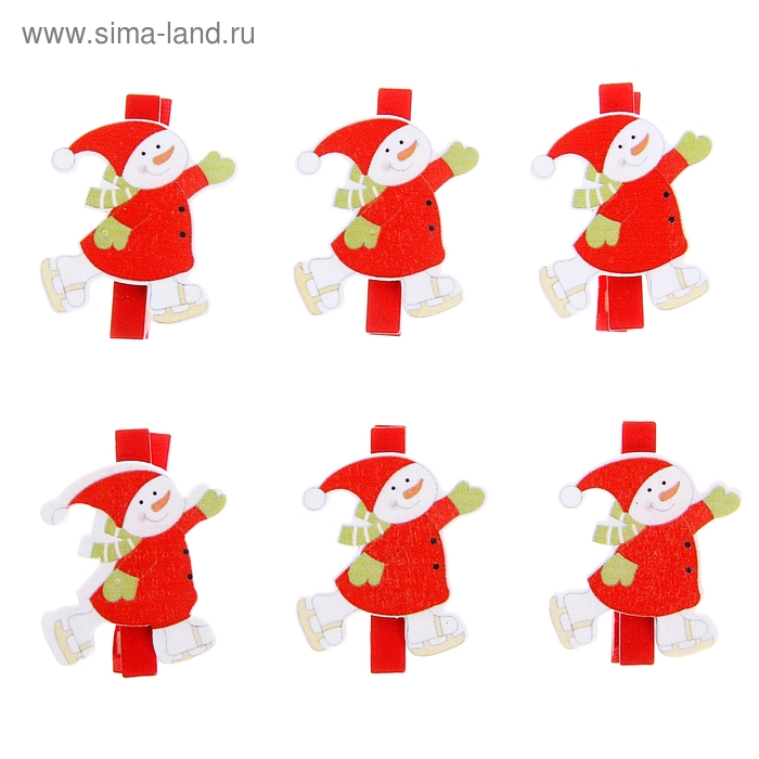 Прищепки декор новогодние "Снеговик на коньках", набор 6 штук - Фото 1