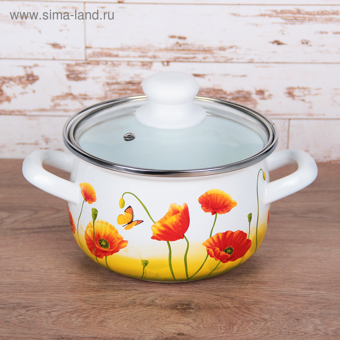 Кастрюля «Маки», 3 л, d=20 см, стеклянная крышка - Фото 1