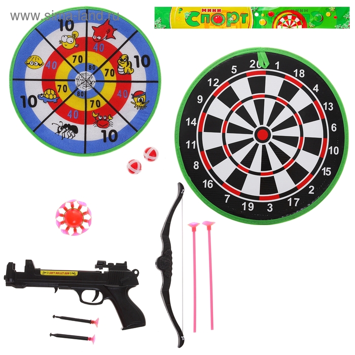 Набор для стрельбы: дартс 2 шт, липучки 2 шт, лук, 2 стрелы на присосках, пистолет, 2 снаряда на присосках, коплект присосок - Фото 1