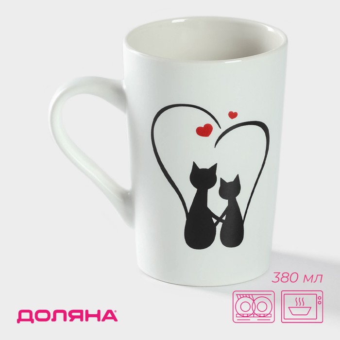 Кружка фарфоровая Доляна «Влюблённые коты», 380 мл, цвет белый - Фото 1