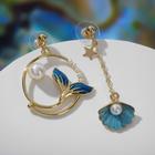 Серьги с эмалью «Ночь» хвост с ракушкой, цвет сине-белый в золоте - Фото 5