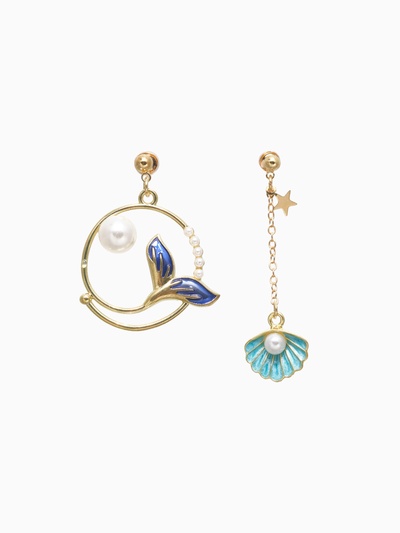 Серьги с эмалью «Ночь» хвост с ракушкой, цвет сине-белый в золоте