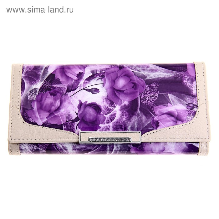 Кошелёк женский на клапане, 3 отдела, 2 отдела на рамке, отдел для кредиток, отдел для монет, комбинированный, бежево-сиреневый - Фото 1