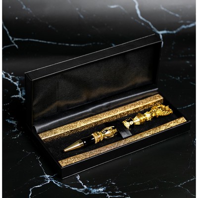 Ручка шариковая подарочная с гербом в футляре, металл , цвет чёрный, пишущий узел 1.0 мм, синяя паста