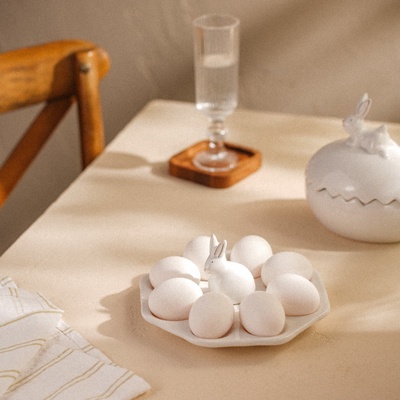 Подставка для яиц SL Home «Пасхальные кролики», 19×9 см, 8 ячеек, доломит, белая