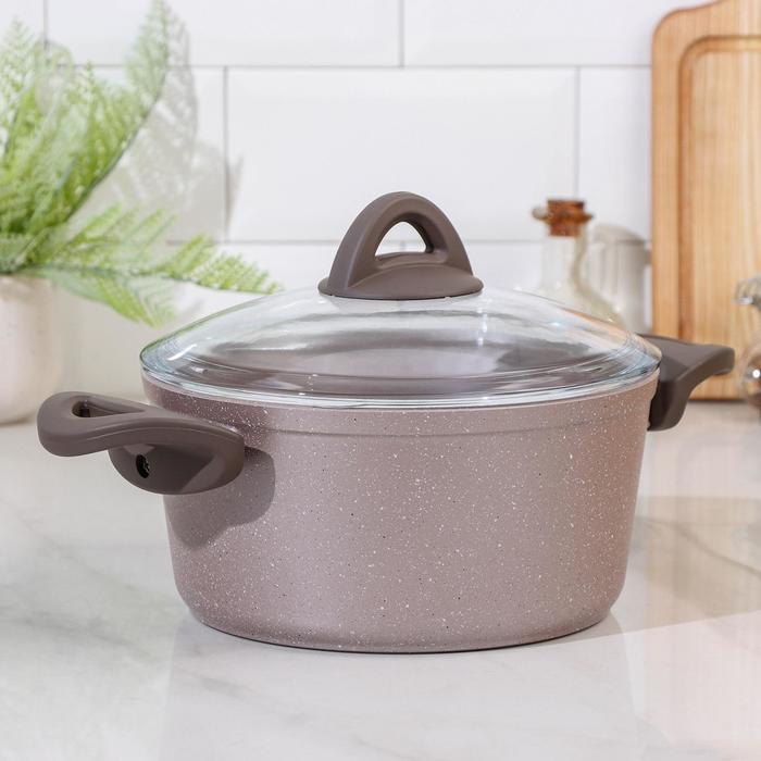 Кастрюля Papilla Wilma cappuccino granite, d=22 см, стеклянная крышка, антипригарное покрытие, цвет коричневый - Фото 1