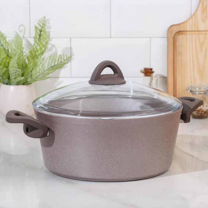 Кастрюля Papilla Wilma cappuccino granite, d=28 см, стеклянная крышка, антипригарное покрытие, цвет коричневый - Фото 1