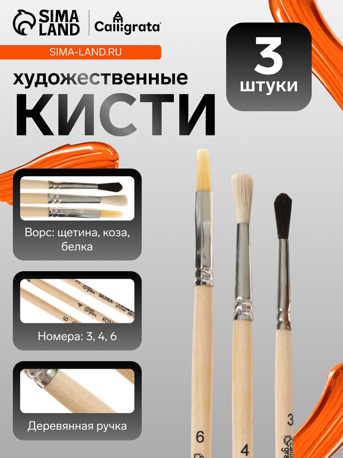 Набор кистей для рисования, белка, коза, щетина, 3 штуки: № 3, № 4 (круглые), № 6 (плоская), Calligrata, круглые, плоская, деревянная ручка, в пакете - Фото 1