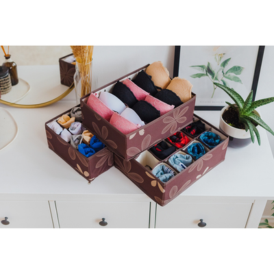 Набор органайзеров для хранения белья «Листочки», 3 шт., 32×24×12 см, цвет коричневый