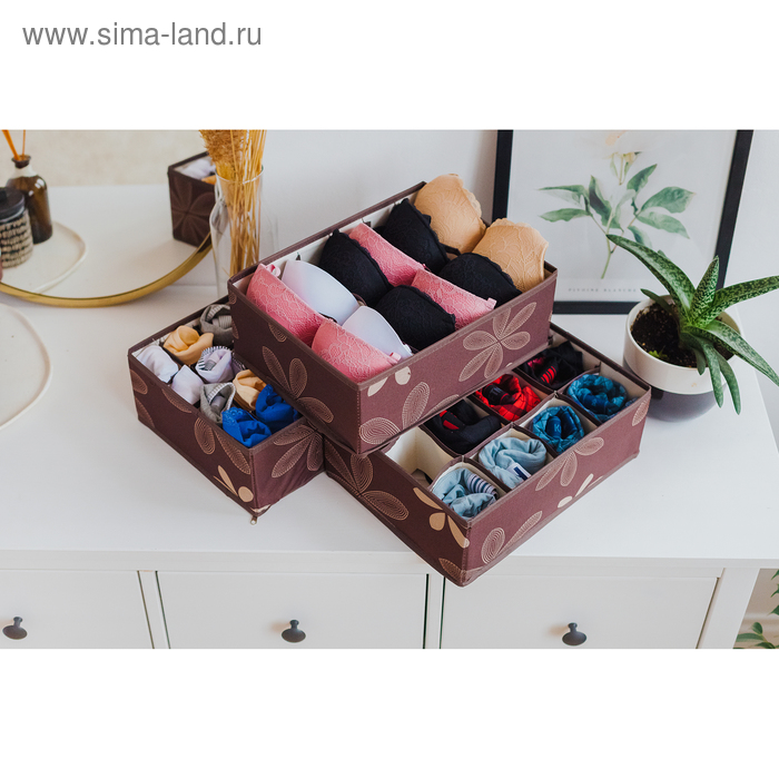 Набор органайзеров для хранения белья «Листочки», 3 шт, 32×24×12 см, цвет коричневый - Фото 1