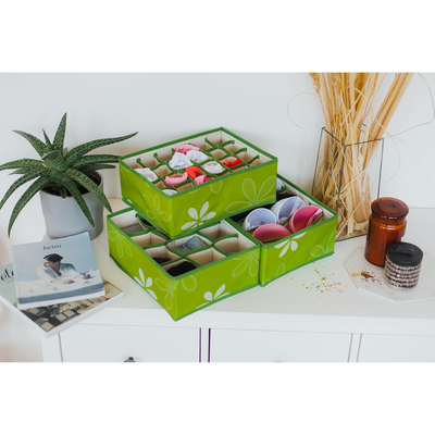 Набор органайзеров для хранения белья «Листочки», 3 шт, 32×24×12 см, цвет зелёный