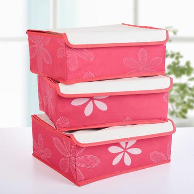 Набор органайзеров для хранения белья с крышкой «Листочки», 3 шт., 32×24×12 см, красный