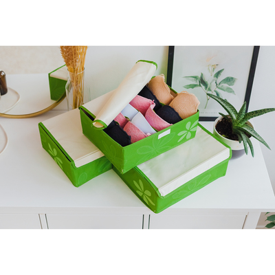 Набор органайзеров для хранения белья с крышкой «Листочки», 3 шт, 32×24×12 см, цвет зелёный