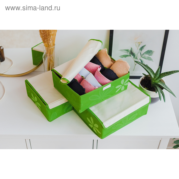Набор органайзеров для хранения белья с крышкой «Листочки», 3 шт, 32×24×12 см, цвет зелёный - Фото 1