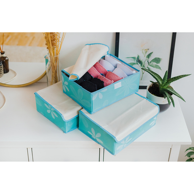 Набор органайзеров для хранения белья с крышкой «Цветы», 3 шт, 32×24×12 см, цвет голубой