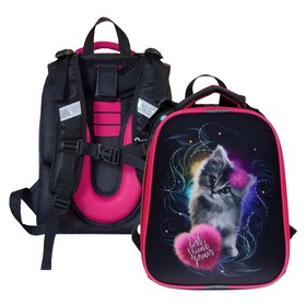 Рюкзак каркасный школьный 38 х 30 х 16 см, эргономичная спинка, Stavia "Котик", чёрный, розовый