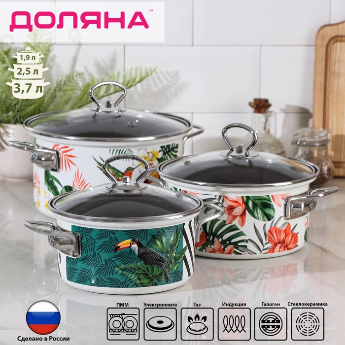 Набор кастрюль Доляна «Тропики», 3 предмета: 1.9 л, 2.5 л, 3.7 л, индукция - Фото 1