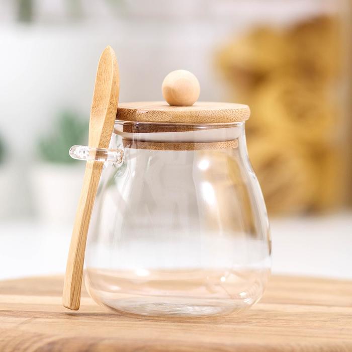 Сахарница «Эко» с ложкой, 480 мл, 9.5×9×12.5 см, с бамбуковой крышкой, стекло, прозрачная - Фото 1