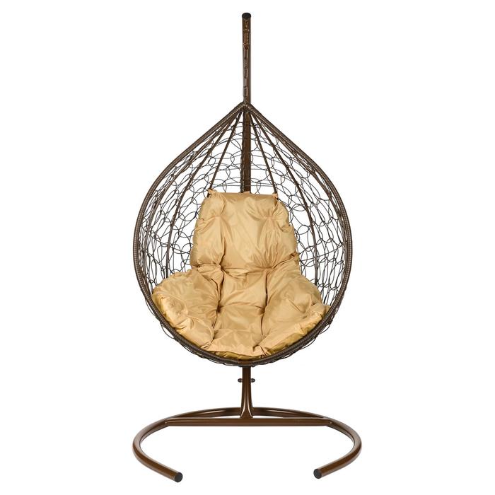 Подвесное кресло - кокон «Тропика», с искусственным ротангом, бежевая подушка, со стойкой, коричневое - Фото 1