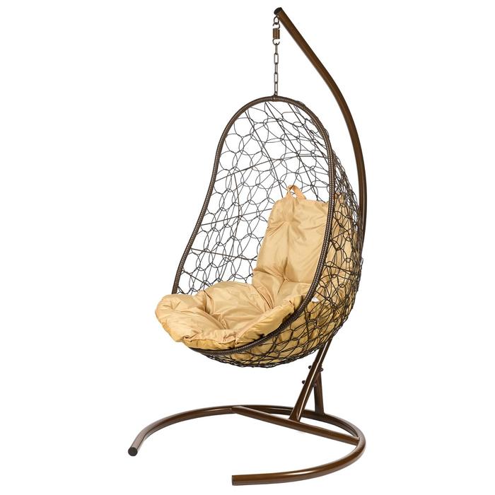 Подвесное кресло - кокон Easy, с искусственным ротангом, бежевая подушка, со стойкой, коричневое - Фото 1