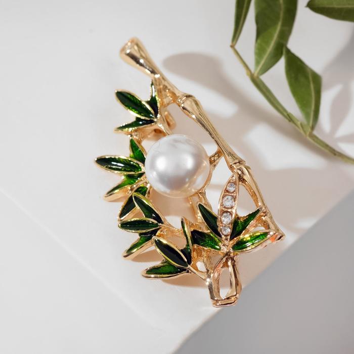Брошь «Бамбук» с бусиной, цвет бело-зелёный в золоте - Фото 1